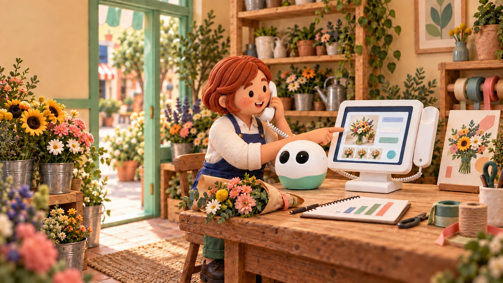 A florist talks to Maven using the corded handset while reviewing her flower website, beside campaign artwork and a finance chart
