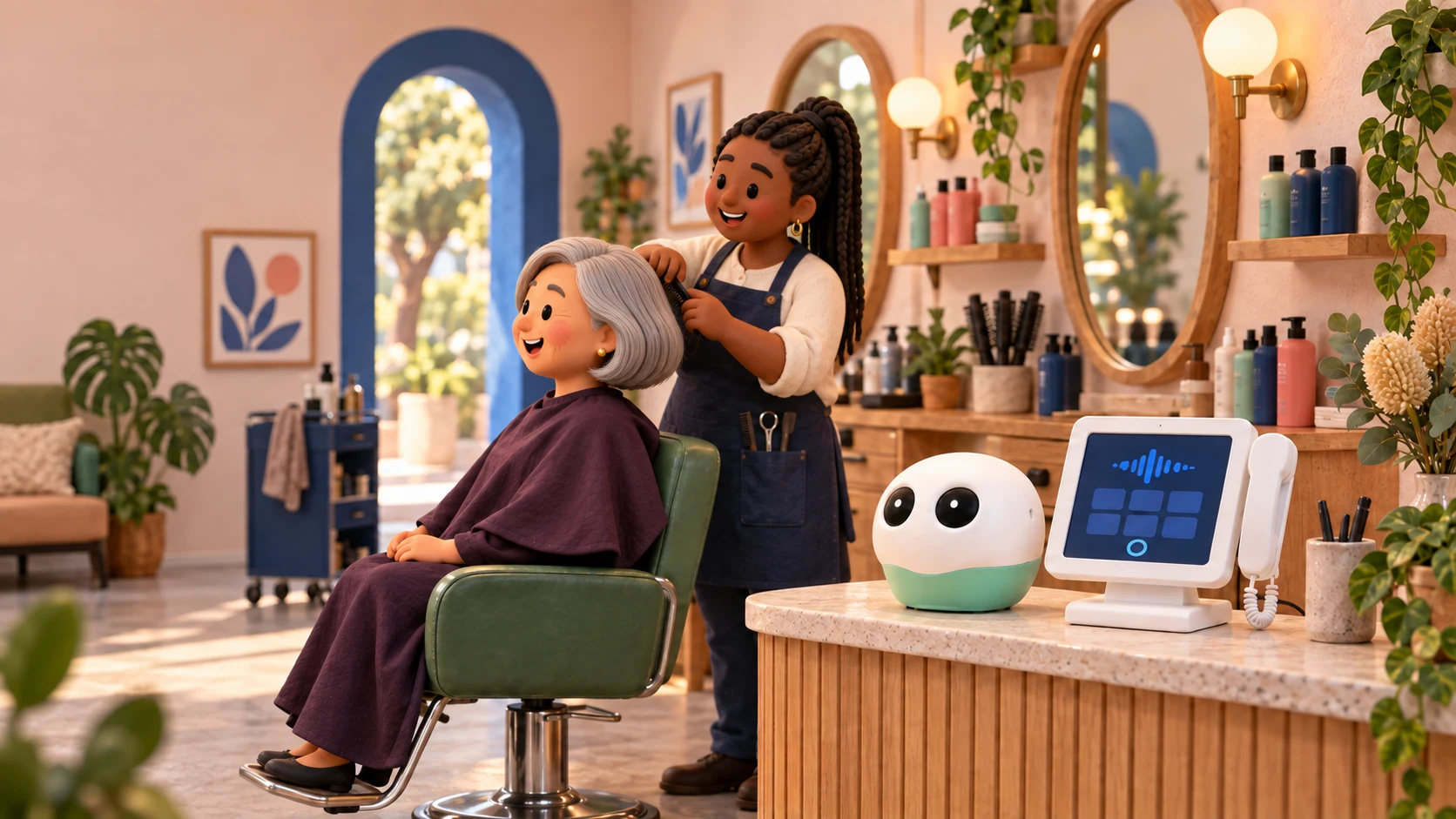 A hairdresser styles a customer’s hair beside the same Maven touchscreen, right-side handset and greeting robot