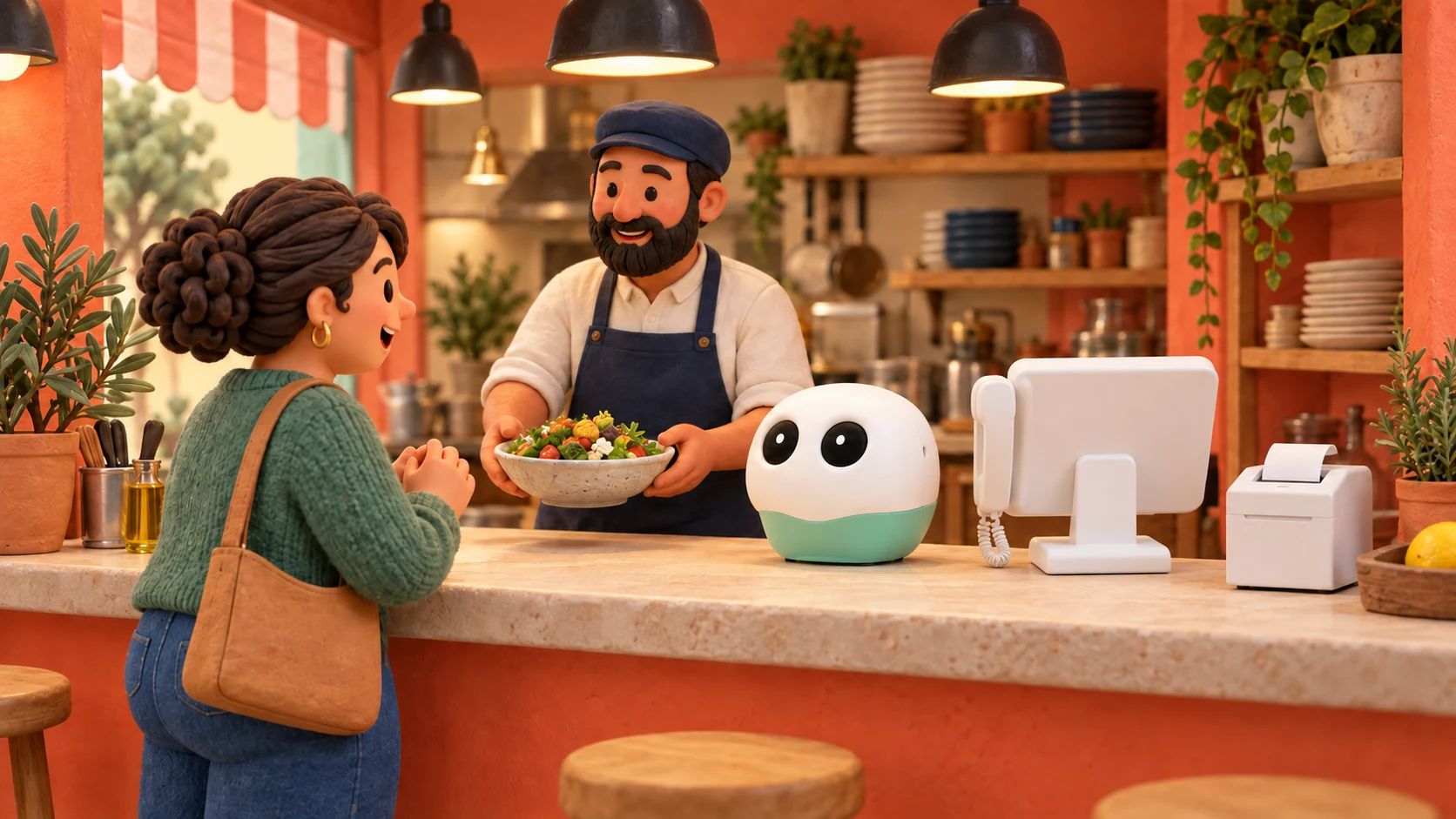 A restaurant customer meets the greeting robot while the touchscreen and attached handset face the worker behind the counter